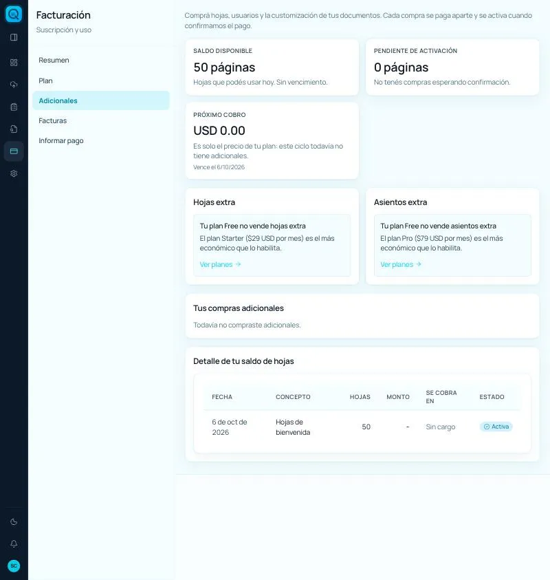 Facturación → Adicionales, en el plan Free