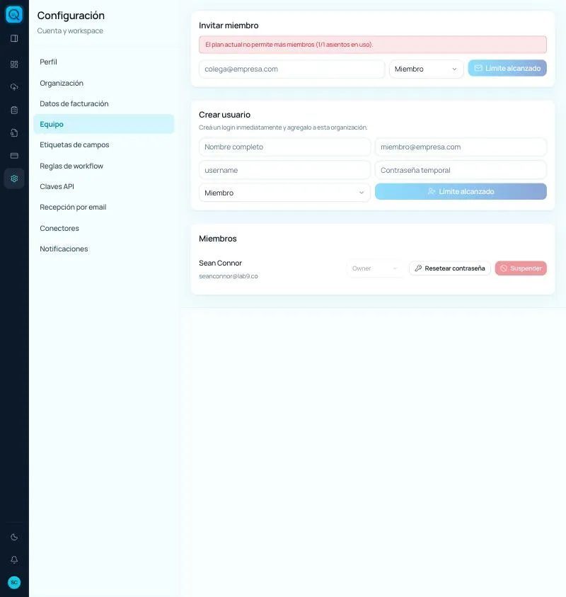 Configuración → Equipo, en el plan Free