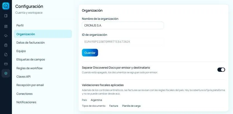 Configuración → Organización