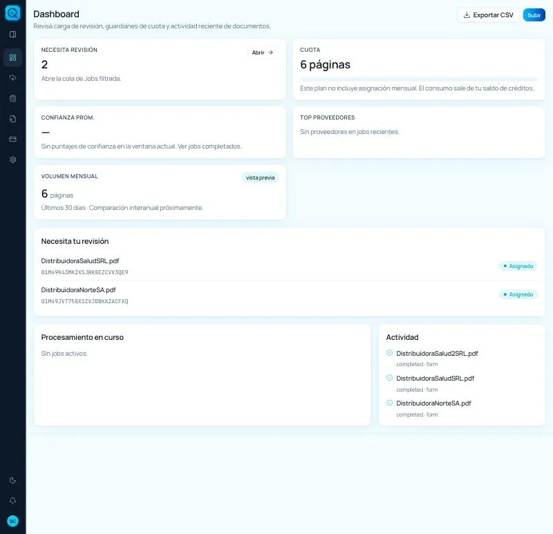 Dashboard con tres documentos procesados